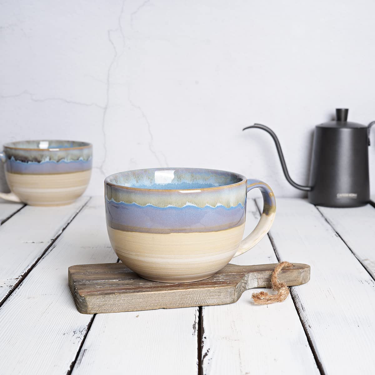 Bosmarlin Ceramic Jumbo Coffee Mug Set of 2, 23 Oz, Large Mug Soup Bowls with Handles, Dishwasher and Microwave Safe (Blue)
