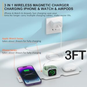 iPhone 15 Wireless Charger,3 in 1 Foldable Magnetic Charging Station for Multiple Devices with 20W iPhone Fast Charger Travel Plug and USB C Cable for iPhone 15 14 13 Pro Max Plus,AirPods,Apple Watch