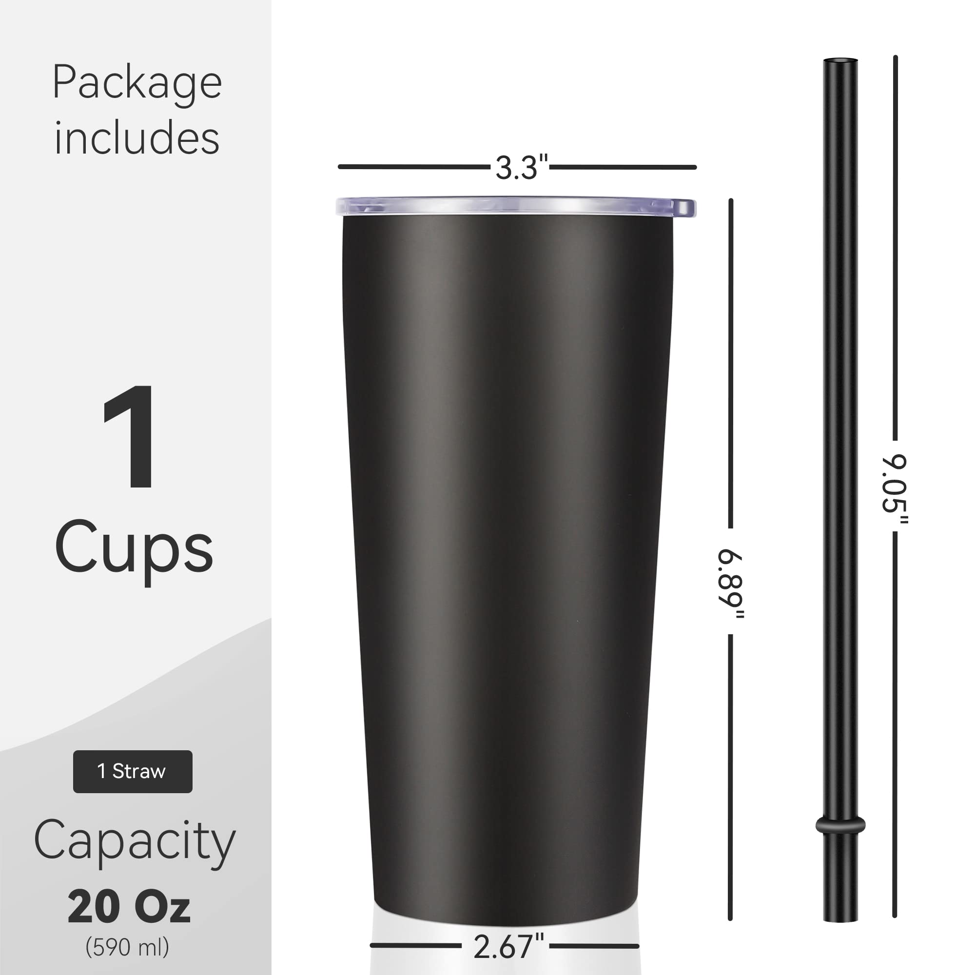 DOMICARE 20 oz Tumbler with Lid and Straw, Stainless Steel Tumblers Bulk Vacuum Insulated Tumbler Travel Coffee Mug Pack of 1, Black