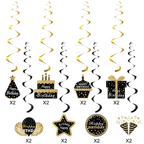 Black Gold Birthday Hanging Swirls Decorations for Mens Women, 16Pcs Happy Birthday Foil Swirl Party Supplies, 10th 16th 21st 30th 40th 50th 60th Bday Ceiling Swirl Decor