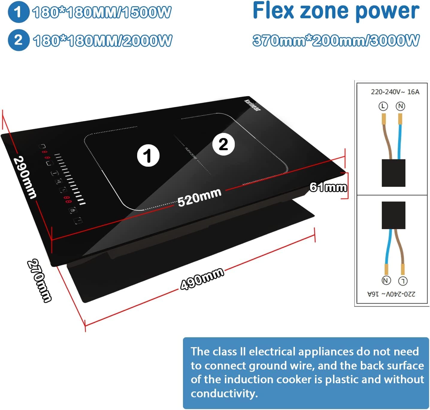 Karinear Induction Cooktop 2 Burners, 3500W 12'' Built-in Induction Stovetop with Flex Zone,Child Safety Lock, Timer, Pause, Slider Control Black Glass Electric Cooktop 220-240V Hard Wire