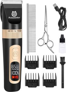 petsaunter dog clippers for grooming kit, 4-speed & lcd, low noise electric dog trimmer for grooming, cordless rechargeable dog hair clippers, quiet for dogs & pets with thick or heavy coats(c95 set)