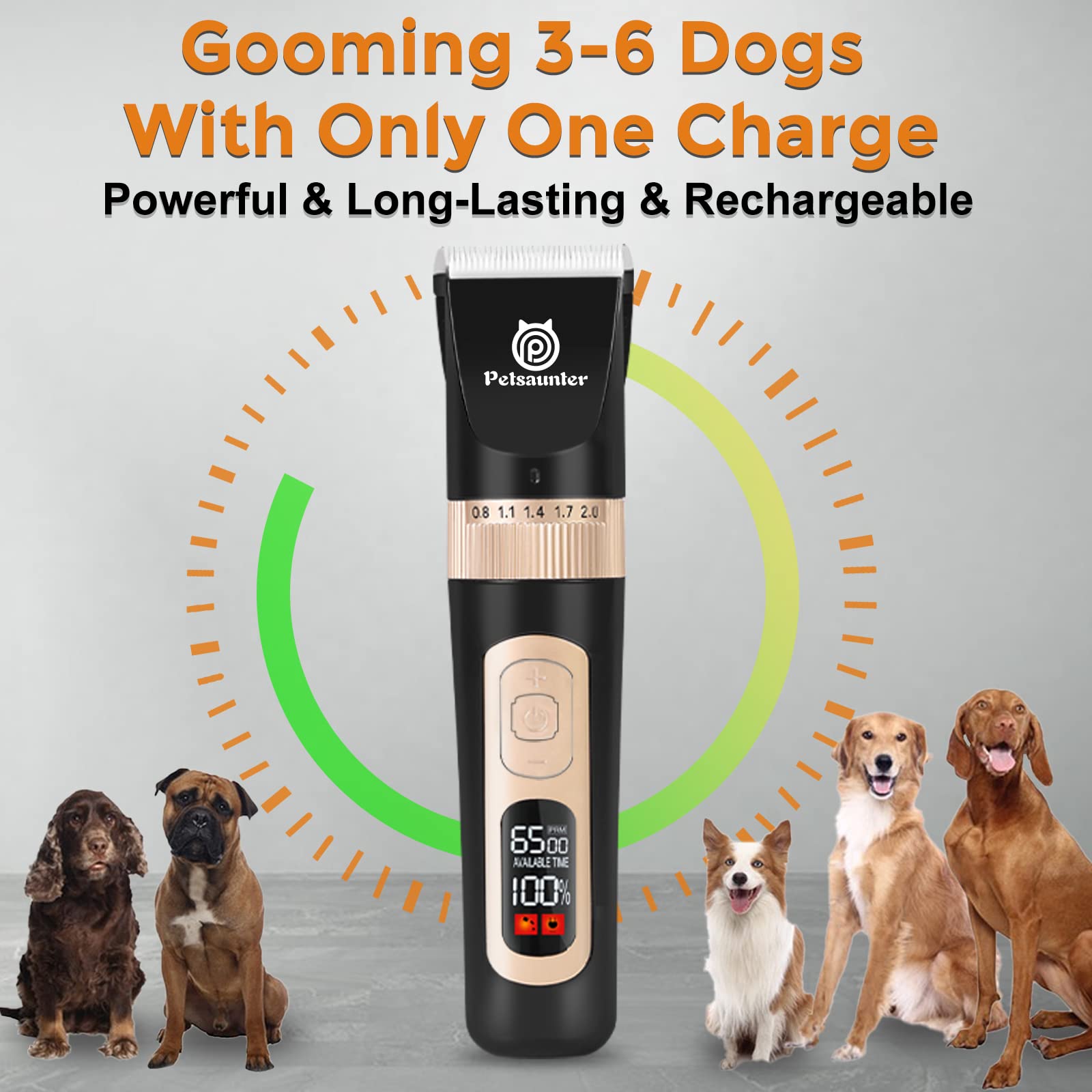 Petsaunter Dog Clippers for Grooming Kit, 4-Speed & LCD, Low Noise Electric Dog Trimmer for Grooming, Cordless Rechargeable Dog Hair Clippers, Quiet for Dogs & Pets with Thick or Heavy Coats(C95 Set)