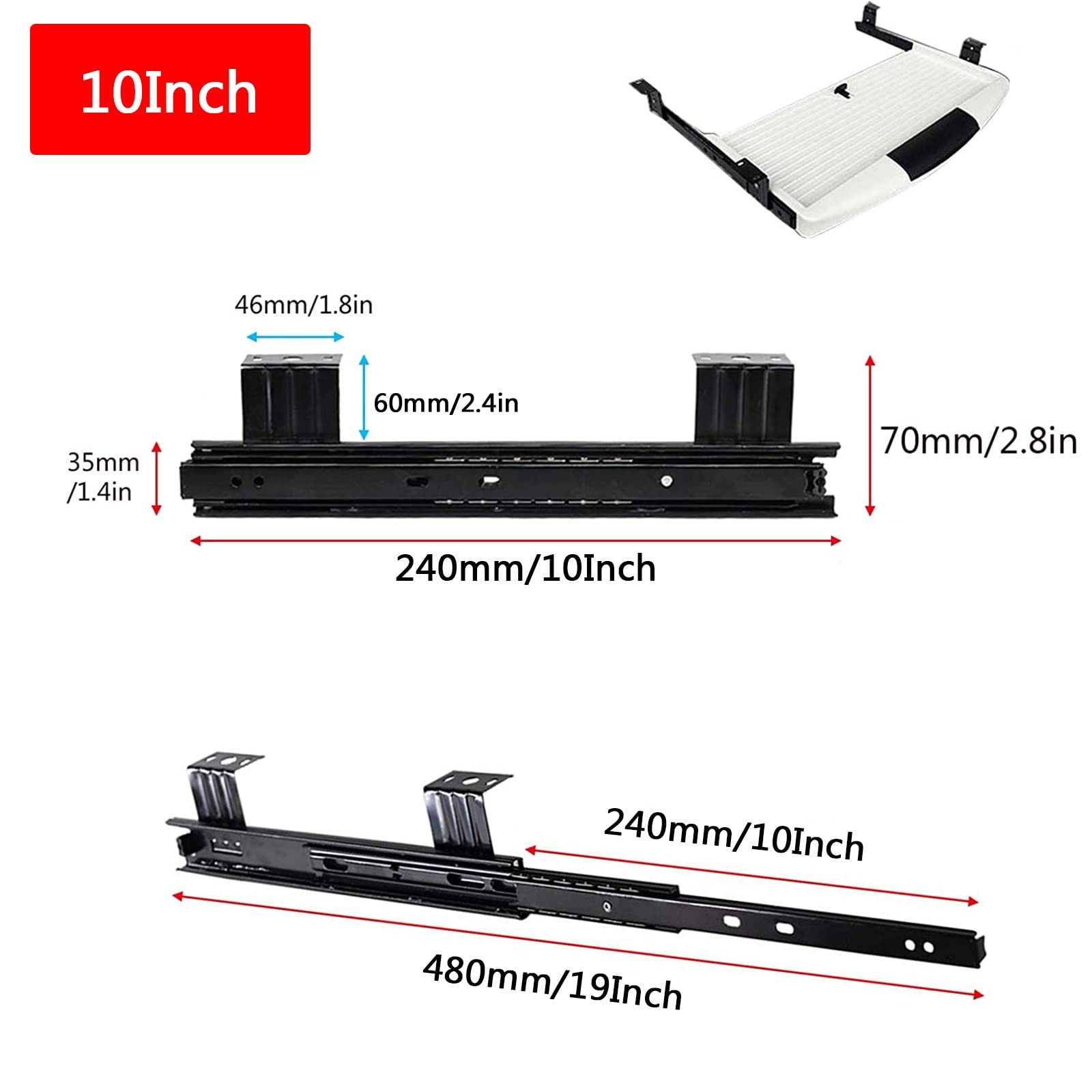 10in/12in Keyboard Tray Slides Black 1-Pair Heavy Duty Metal Ball Bearing Drawer Runners - Can Support 40kg - 3 Fold Extension - For Under Desk Computer Slides/Cabinet Slides ( Color : Black , Size :