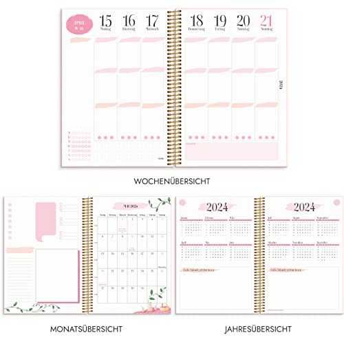 Burde Calendar 2023 2024 Life Planner Pink | August 25 2023 to Jul 31 2024 | in German | 120 gsm Paper | Pink | 21.5 x 16 cm | Weekly Planner | With Stickers