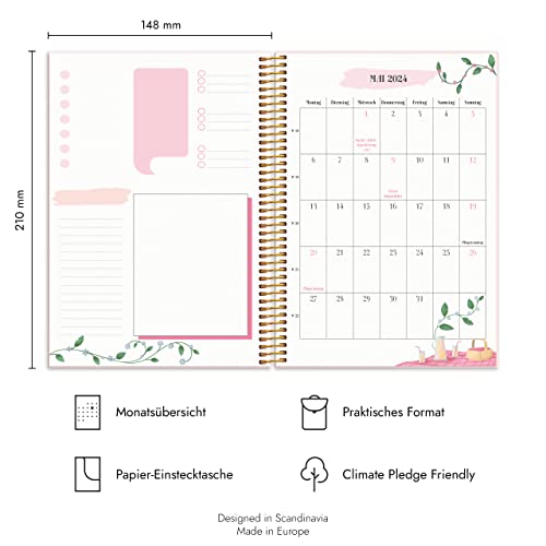 Burde Calendar 2023 2024 Life Planner Pink | August 25 2023 to Jul 31 2024 | in German | 120 gsm Paper | Pink | 21.5 x 16 cm | Weekly Planner | With Stickers