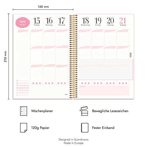 Burde Calendar 2023 2024 Life Planner Pink | August 25 2023 to Jul 31 2024 | in German | 120 gsm Paper | Pink | 21.5 x 16 cm | Weekly Planner | With Stickers