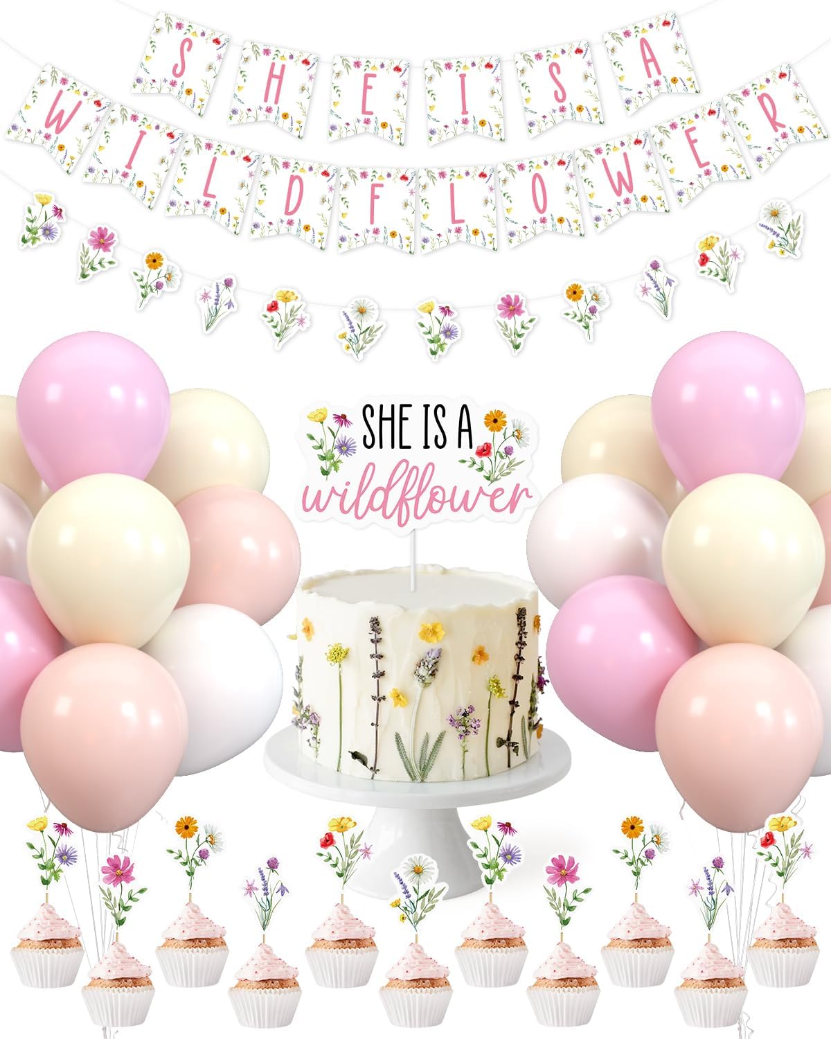 Sinasasspel Wildflower Baby Shower Decorations She Is A Wildflower 1st Birthday Party Banner Cake Cupcake Toppers Summer Flowers Daisy Lavender Leaves Baby Girl Shower Party Decor Supplies