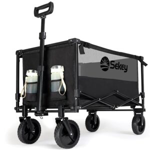 sekey collapsible foldable wagon with 220lbs weight capacity, heavy duty folding utility garden cart with big all-terrain beach wheels & drink holders. black&grey