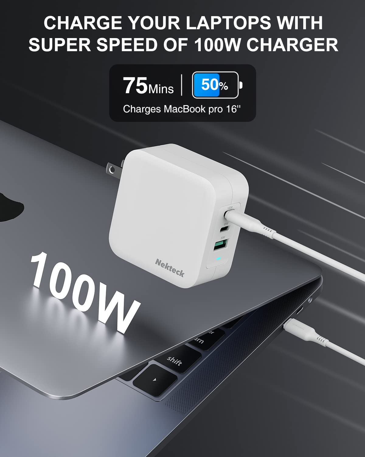 Nekteck GaN Charger 100W USB C Charger 3-Ports with PD.3 and QC.3, Compact Fast Foldable Wall Charger for iPhone 15 Series, MacBook Pro/Air, Google PixelBook, ThinkPad, Galaxy S22/S20 and More