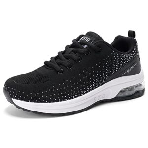 stq running shoes womens lightweight tennis shoes non slip gym workout shoes breathable mesh walking sneakers black white 8.5