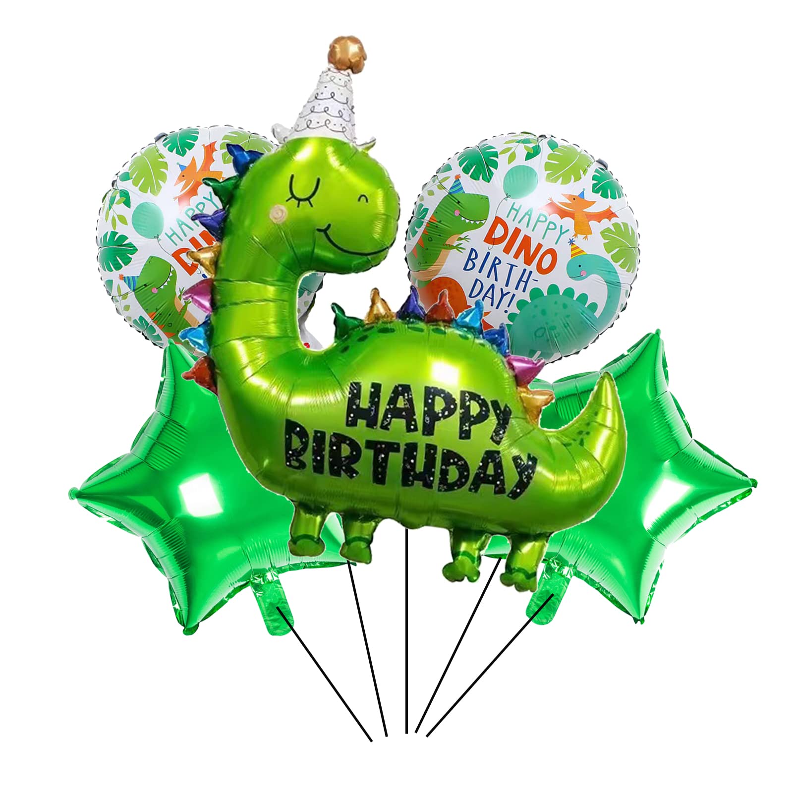 5Pcs 35 Inch Dinosaur Balloons Birthday Decoration for Kids Green Foil Happy Birthday Dino Balloon for Wild One Baby Shower Jungle Safari Animal World Themed Party Decoration