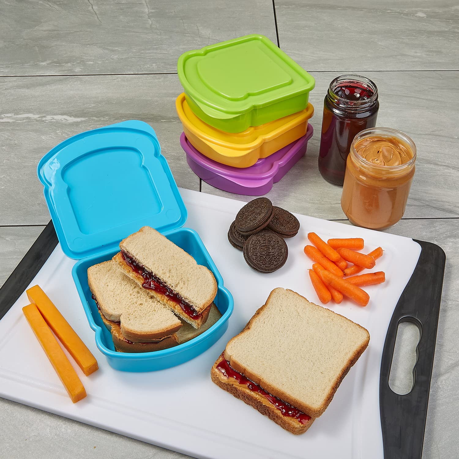 Kitchen & Cabana I 4 Pack I Small Size Sandwich Containers I Fun and Easy to Open for all Size Hands (4 Pack - Orange/Green/Blue/Purple)