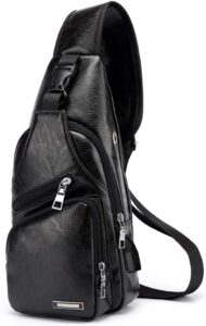 men's leather sling bag multipurpose daypack shoulder chest crossbody bag black with usb charging port (black)