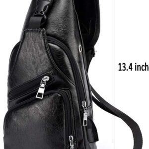 Men's Leather Sling Bag Multipurpose Daypack Shoulder Chest Crossbody Bag Black with USB Charging Port (Black)