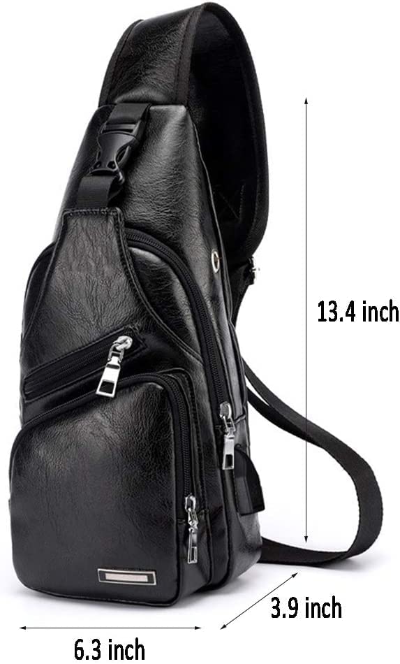 Men's Leather Sling Bag Multipurpose Daypack Shoulder Chest Crossbody Bag Black with USB Charging Port (Black)