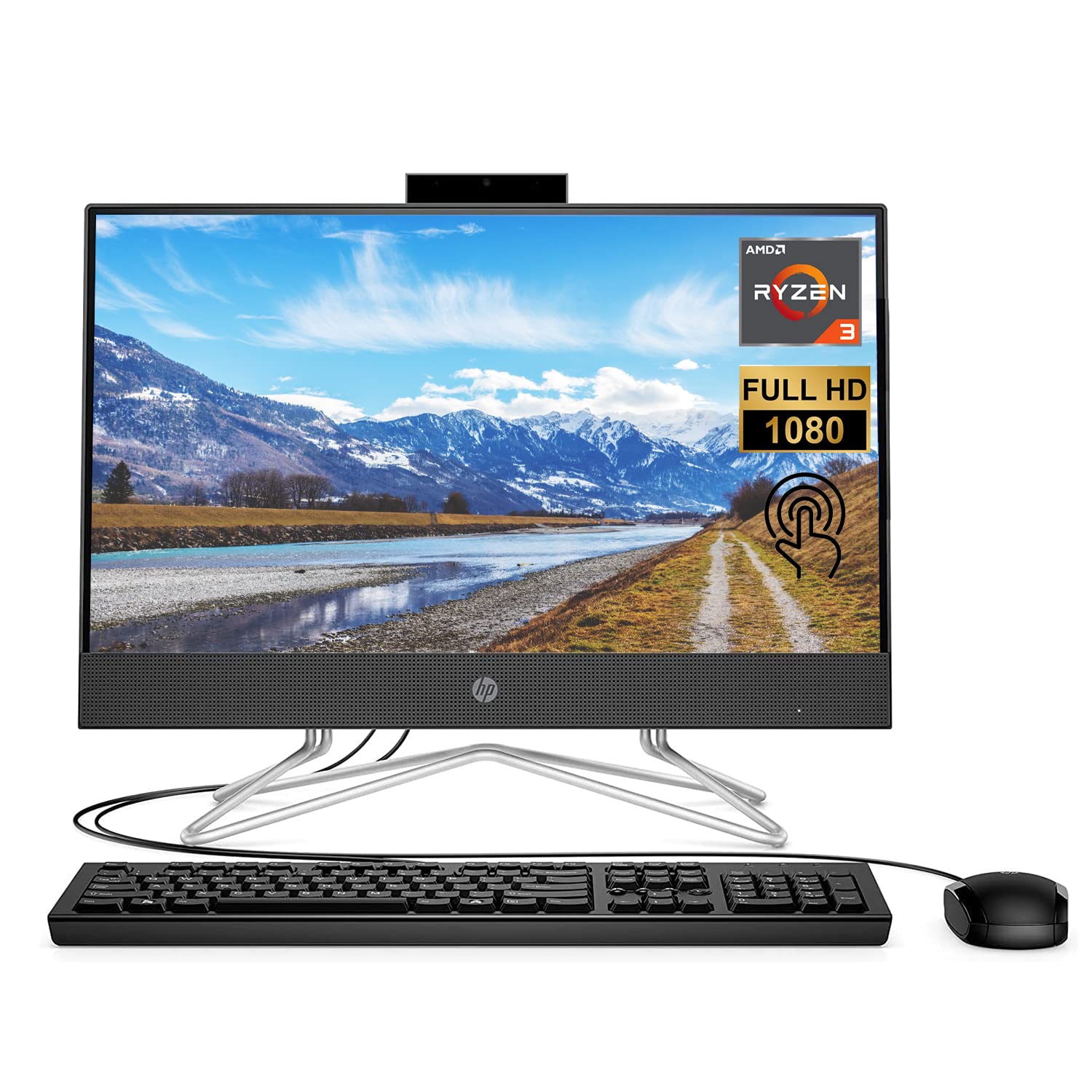 HP All-in-One Desktop, 22" FHD Touchscreen, AMD Ryzen 3 3250U Processor, 12GB RAM, 256GB SSD, Webcam, HDMI, RJ45, DVD-RW, Wi-Fi, Wired Keyboard & Mouse, Windows 11 Home, Black