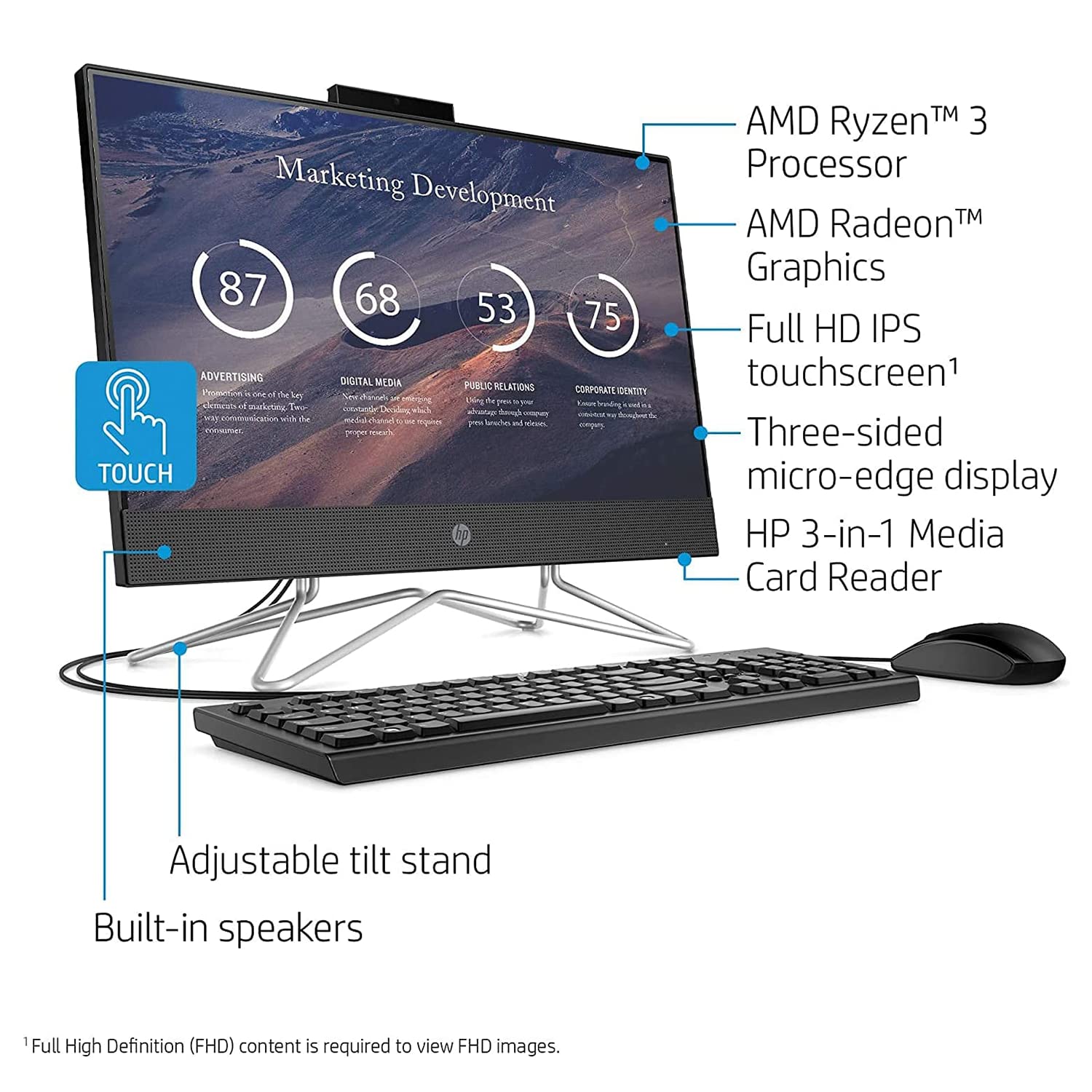 HP All-in-One Desktop, 22" FHD Touchscreen, AMD Ryzen 3 3250U Processor, 12GB RAM, 256GB SSD, Webcam, HDMI, RJ45, DVD-RW, Wi-Fi, Wired Keyboard & Mouse, Windows 11 Home, Black