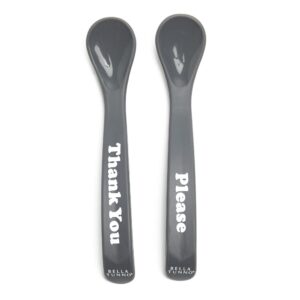 bella tunno wonder spoons - soft baby spoon set safe for baby teething & toddler spoons, food-grade bpa free silicone self feeding spoon 2pk, thank you please