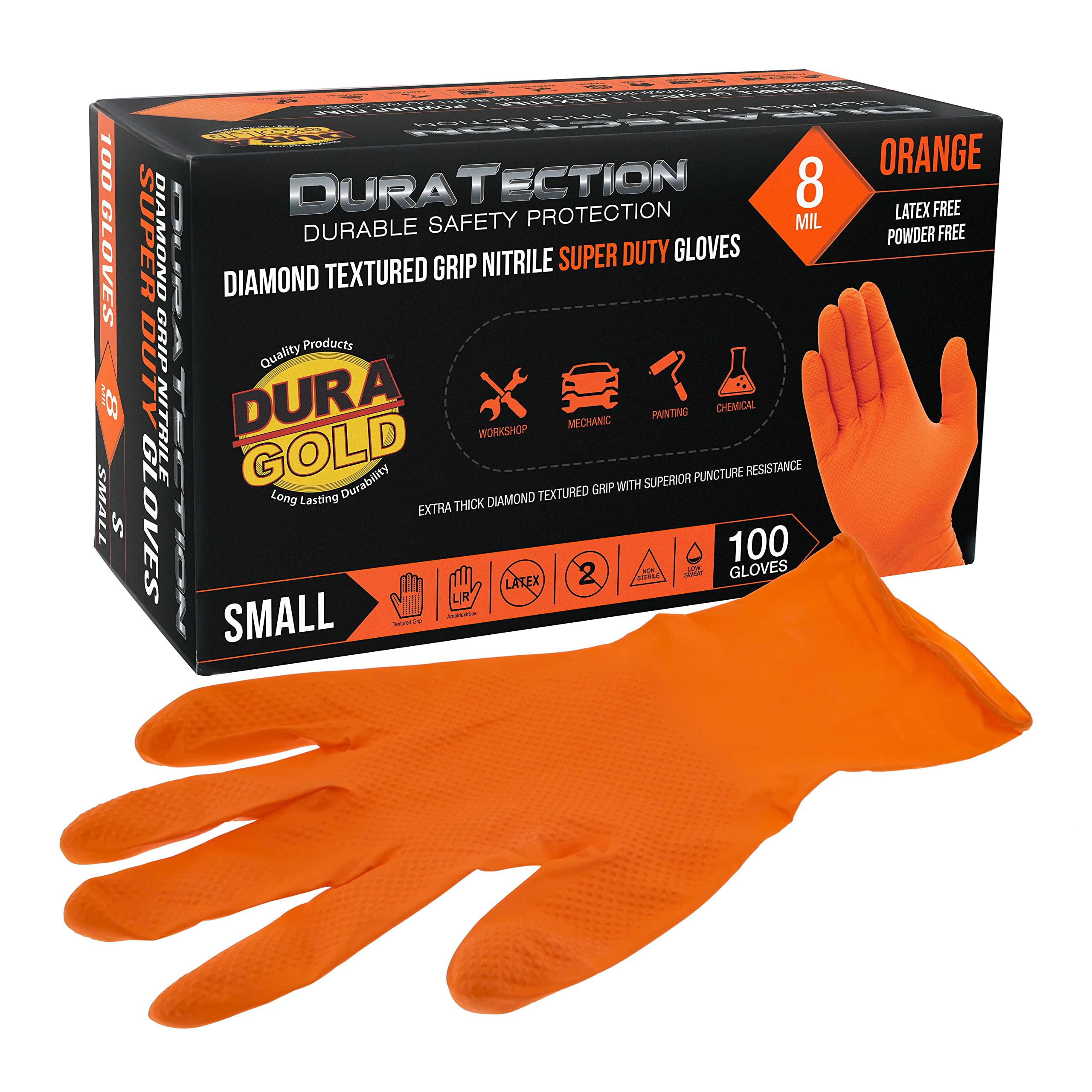 Dura-Gold Duratection 8 Mil Orange Super Duty Diamond Textured Nitrile Disposable Gloves