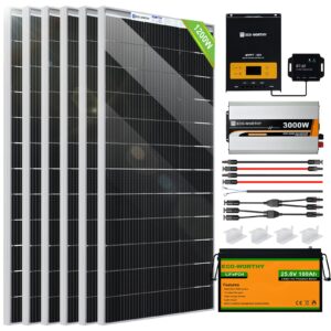 eco-worthy 1200w 24v 5.52kwh lithium battery solar system off grid rv home: 6pcs 195w bifacial solar panels + 60a mppt charge controller + 25.6v 100ah lithium battery + 3000w pure sine wave inverter