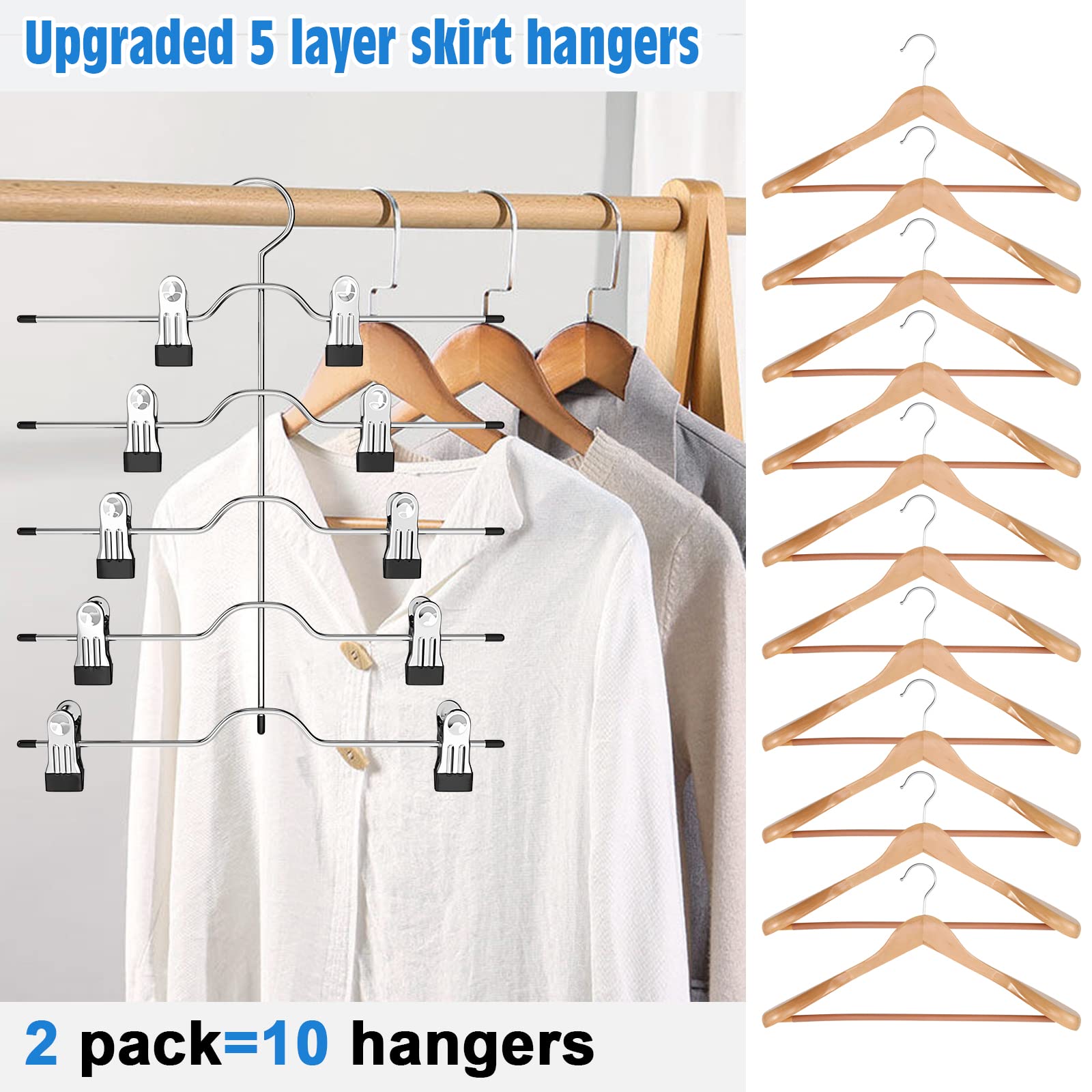 Besslly Pants Skirt Hangers with Clips, 2 Pack Pant Hangers Skirt Hangers Space Saving Closet Hanger Organizer Closet Organizers and Storage