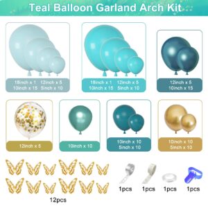 Amandir 168PCS Teal Balloons Garland Arch Kit, Double-Stuffed Dark Teal Blue Turquoise Metallic Gold Green Balloons with 12Pcs Butterfly for Birthday Wedding Baby Shower Party Decorations