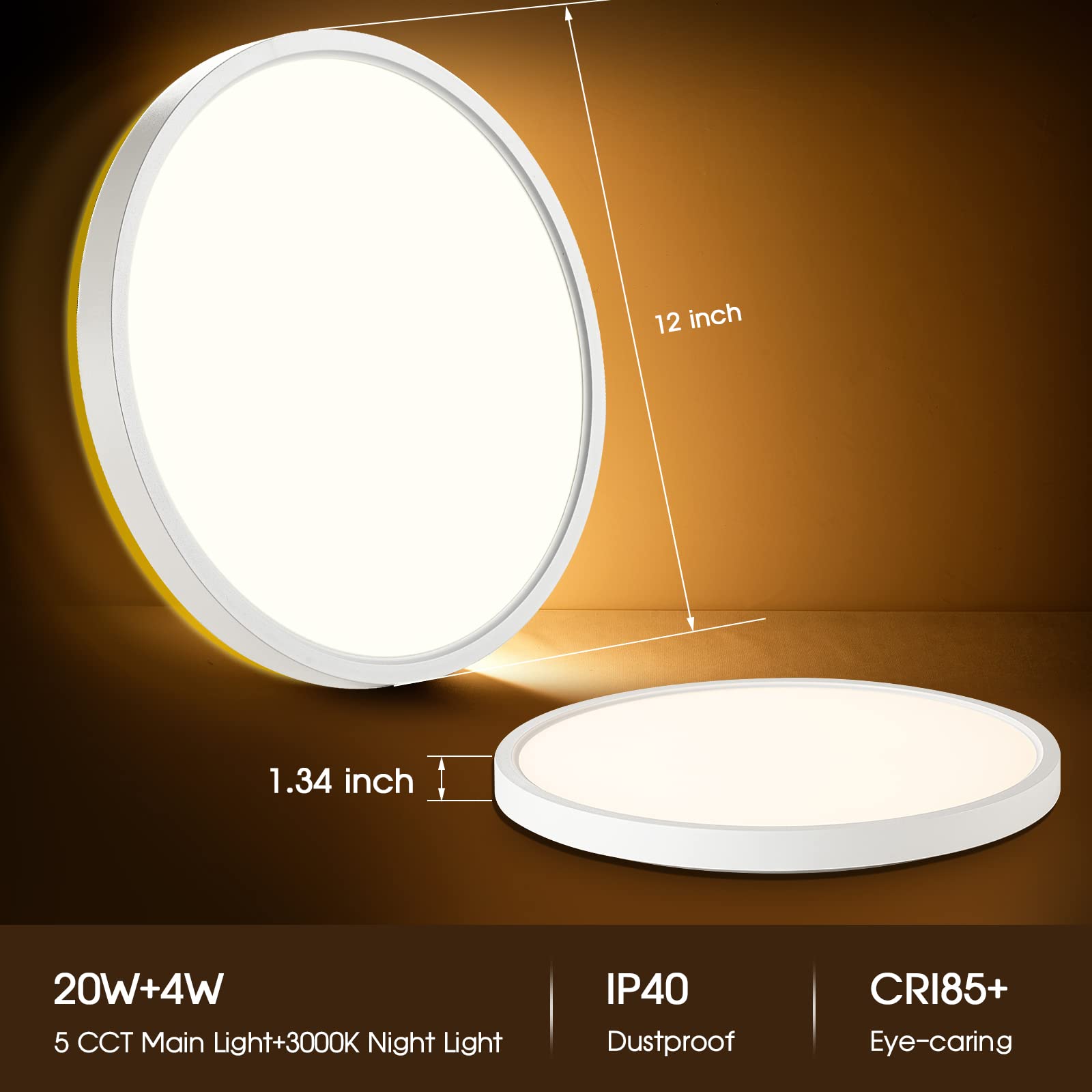 Roomratv LED Flush Mount Ceiling Light with Nightlight - 12" 24W 2400LM Surface Mount Light Fixture with 5 CCT Color Temperature Options