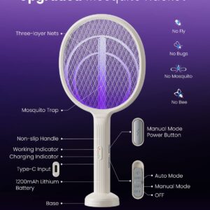 GAIATOP Electric Fly Swatter, 3200V Rechargeable 2 in 1 Fly Swatter, 1200mAh Bug Zapper Racket with UV Light Fly Zapper Dual Mode for Indoor and Outdoor Home Office Backyard Patio Camping