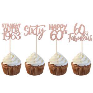 24 pack cheers to 60 years birthday cupcake toppers glitter sixty straight outta 1963 cupcake picks happy 60th cake decorations for happy 60th birthday anniversary party supplies rose gold