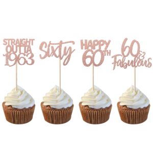 24 Pack Cheers to 60 Years Birthday Cupcake Toppers Glitter Sixty Straight Outta 1963 Cupcake Picks Happy 60th Cake Decorations for Happy 60th Birthday Anniversary Party Supplies Rose Gold