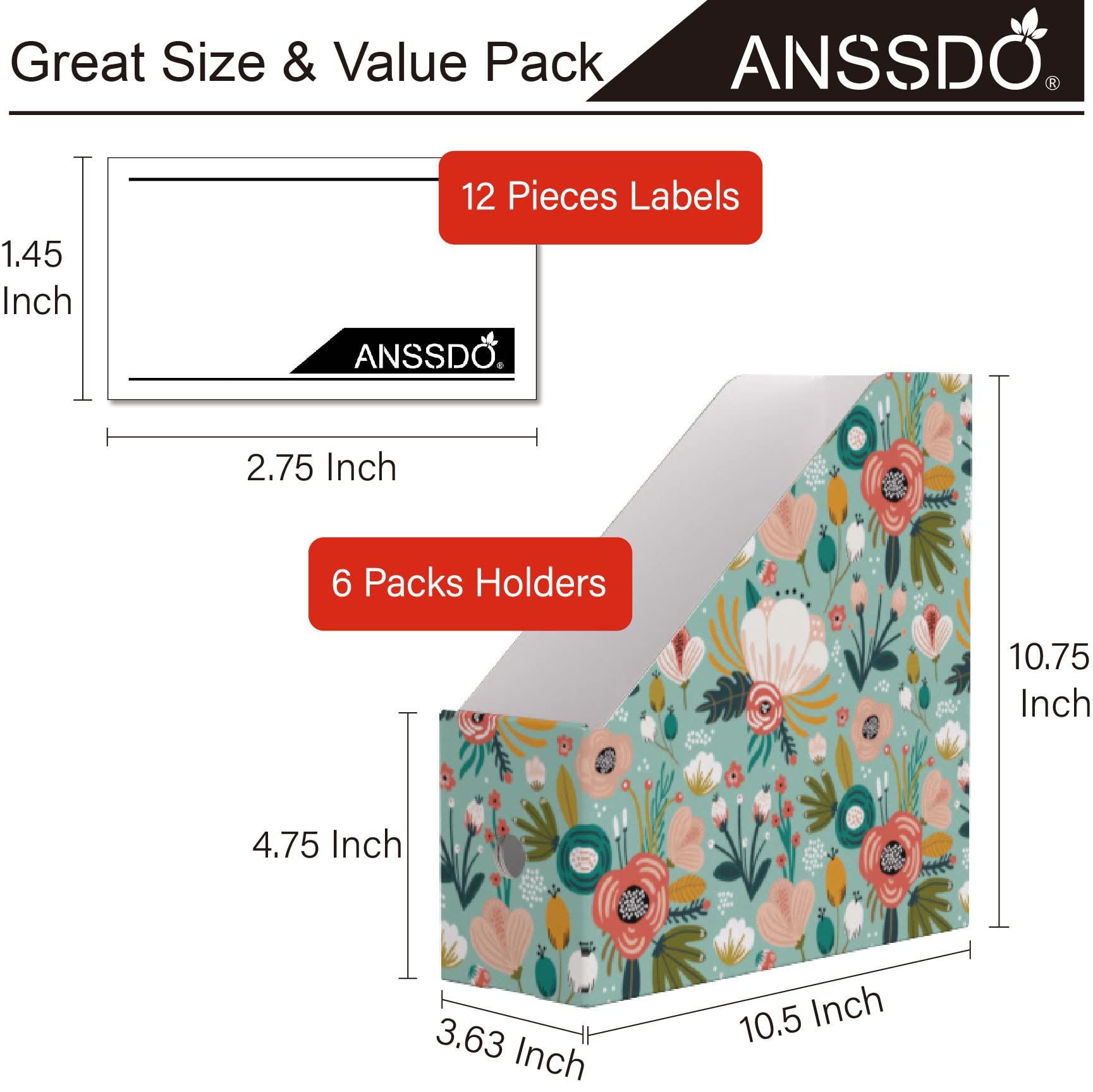 ANSSDO 6 Pack Cardboard Magazine Holder Premium Magazine File Holder Organizer, Magazine File Organizer, Large Volume Magazine Storage Box as Book Bins or Folder Holder for Desk - Teal Floral 6 Pack