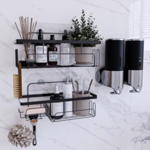 Shower Caddy Bathroom Organizer with Wall Mounted Bathroom Shower Pump Dispenser, Rustproof Stainless Steel Bathroom Shower Shelf, Shampoo and Soap Dispensers for Kitchen Bathroom Hotel, Black