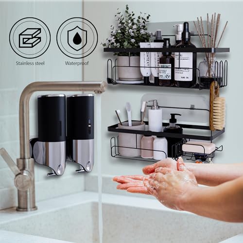 Shower Caddy Bathroom Organizer with Wall Mounted Bathroom Shower Pump Dispenser, Rustproof Stainless Steel Bathroom Shower Shelf, Shampoo and Soap Dispensers for Kitchen Bathroom Hotel, Black