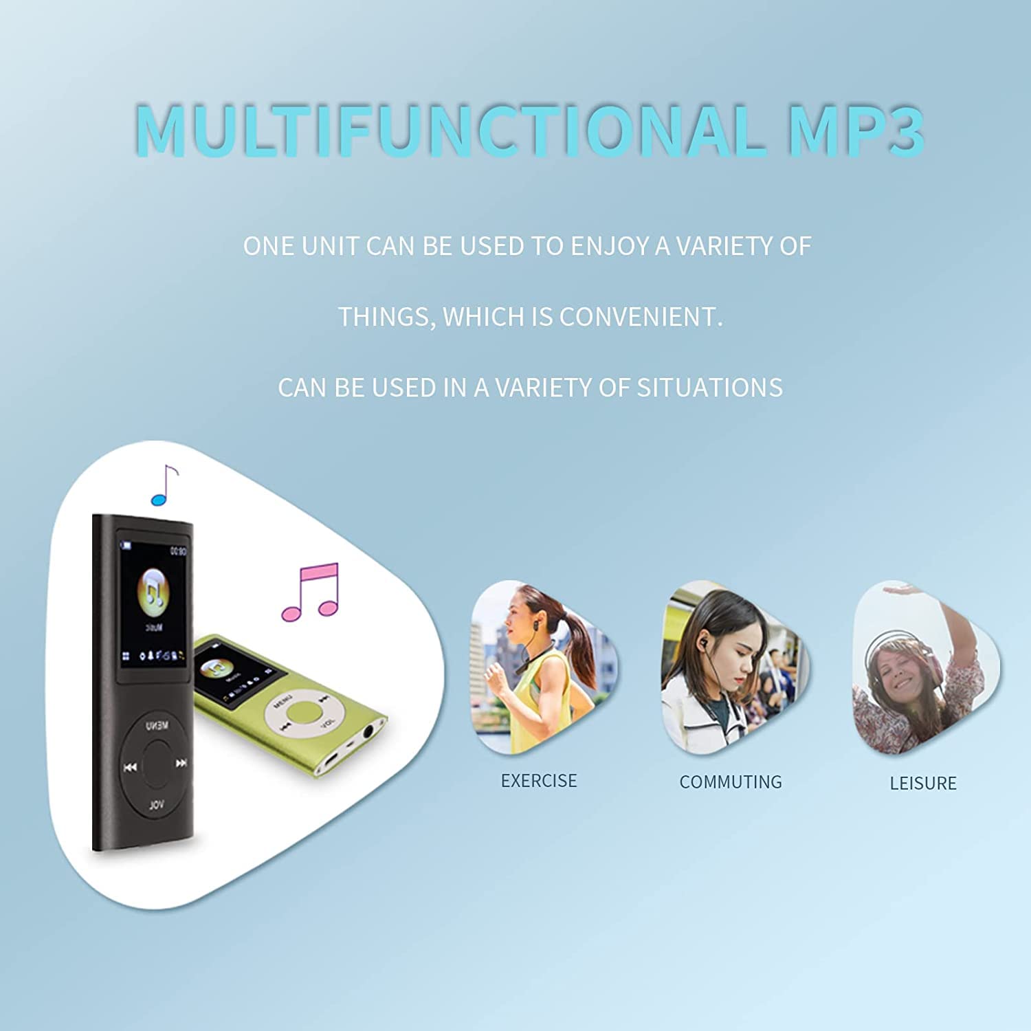 MP3 Player, Portable Lossless Sound Slim MP3 Music Player with Earphone, 1.8 Inch LCD Screen Digital Music Player, （Memory Card Not Included）(Black)