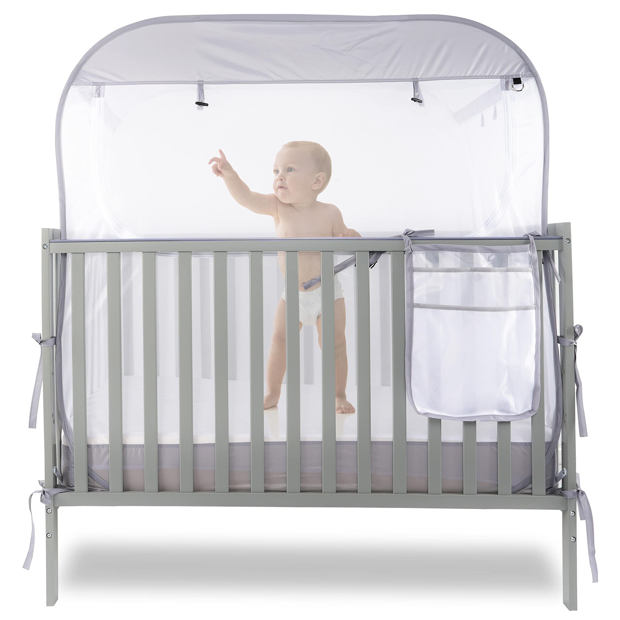 TETINY POP Baby Safety Netting Cover for Crib Pop Up Canopy to Stop Baby from Climbing Out Top Square Frame More Large Room Mosquito Mesh with Storage Bag and Carry Bag