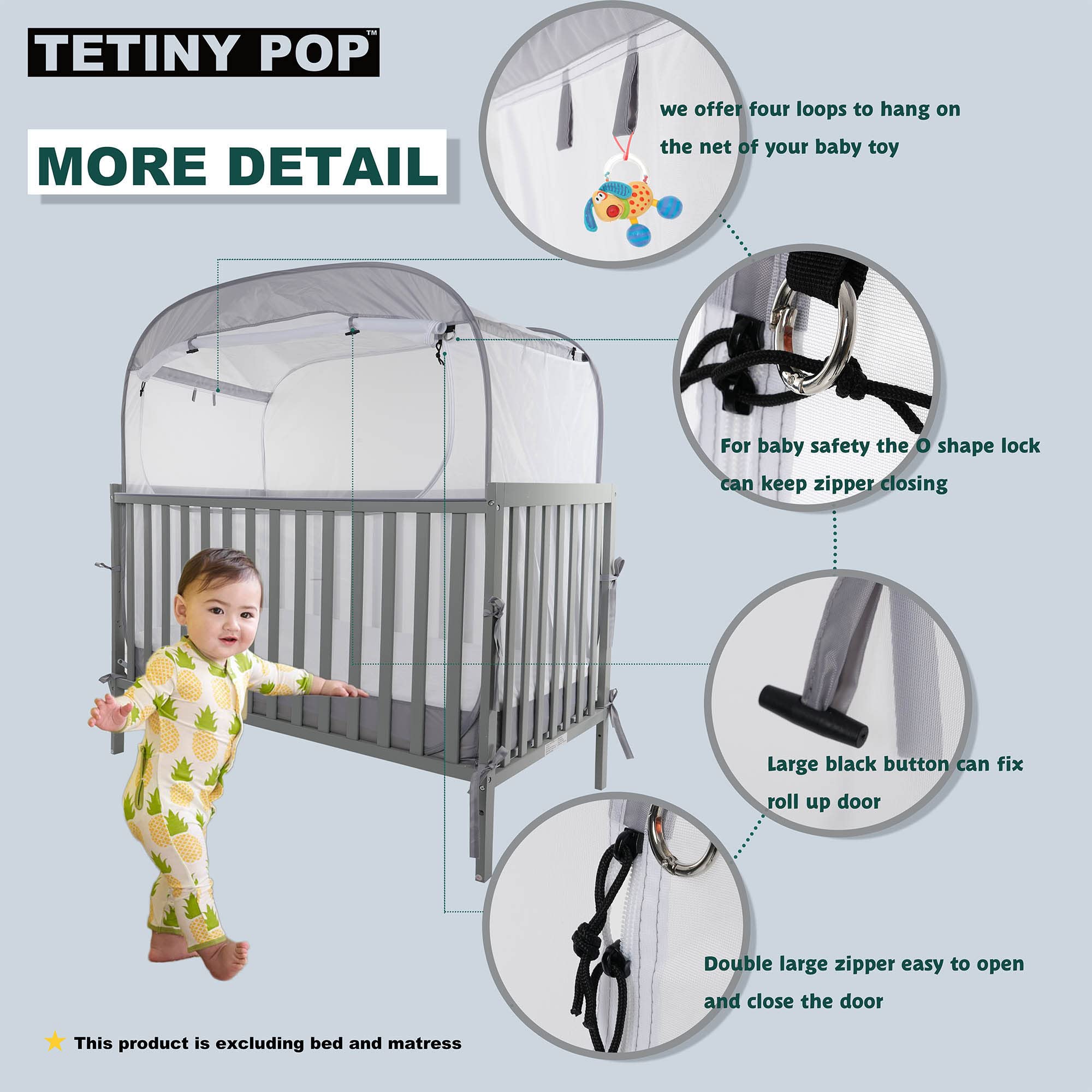 TETINY POP Baby Safety Netting Cover for Crib Pop Up Canopy to Stop Baby from Climbing Out Top Square Frame More Large Room Mosquito Mesh with Storage Bag and Carry Bag