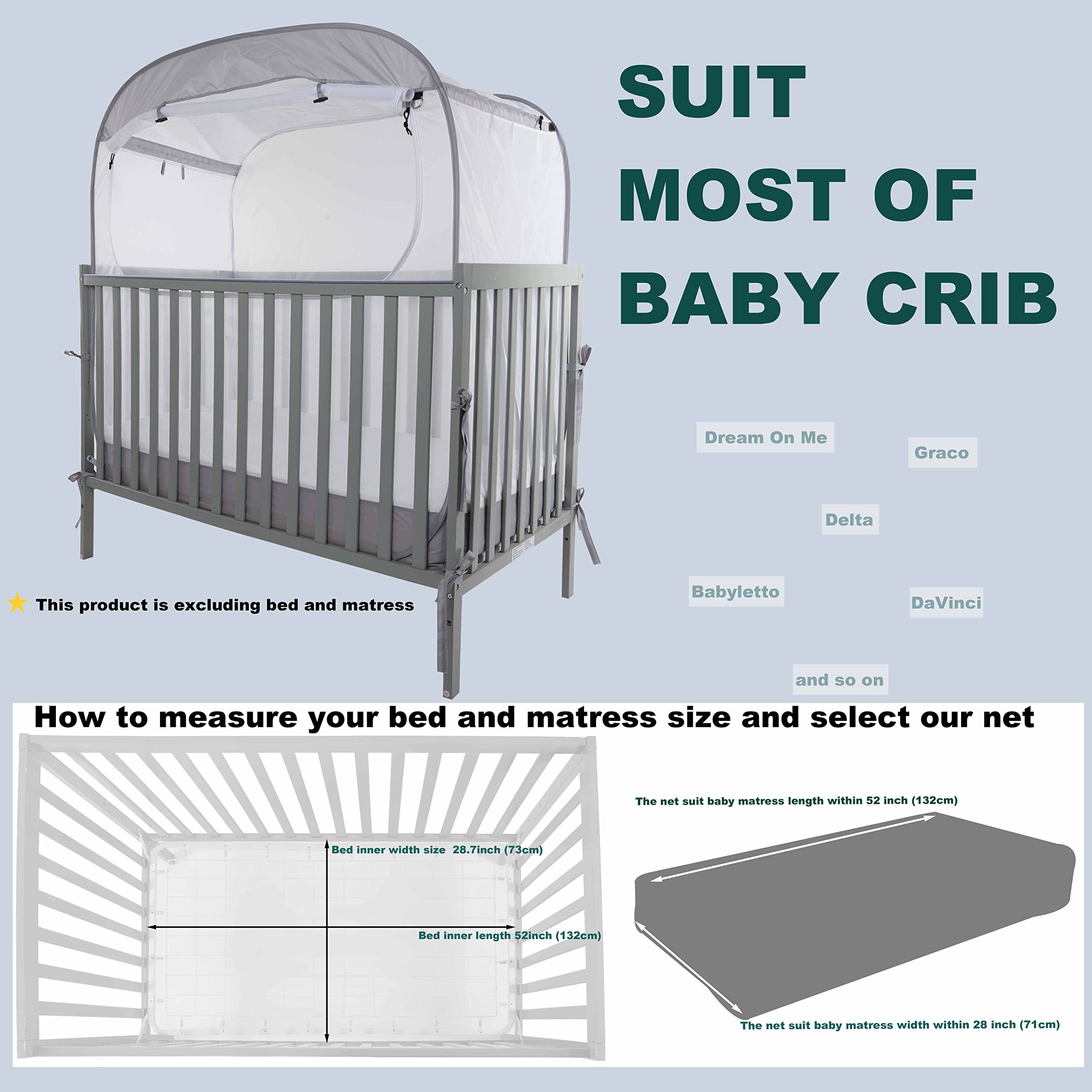 TETINY POP Baby Safety Netting Cover for Crib Pop Up Canopy to Stop Baby from Climbing Out Top Square Frame More Large Room Mosquito Mesh with Storage Bag and Carry Bag