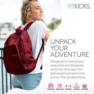 FITKICKS Hideaway Packable Zippered Backpack, Hiking, Camping, Outdoor and Sport Travel Backpack, Day Pack for Women and Men, Burgundy