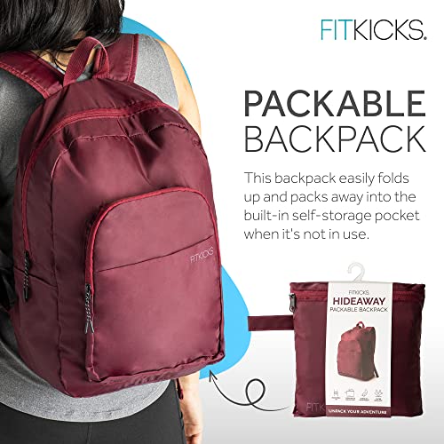 FITKICKS Hideaway Packable Zippered Backpack, Hiking, Camping, Outdoor and Sport Travel Backpack, Day Pack for Women and Men, Burgundy