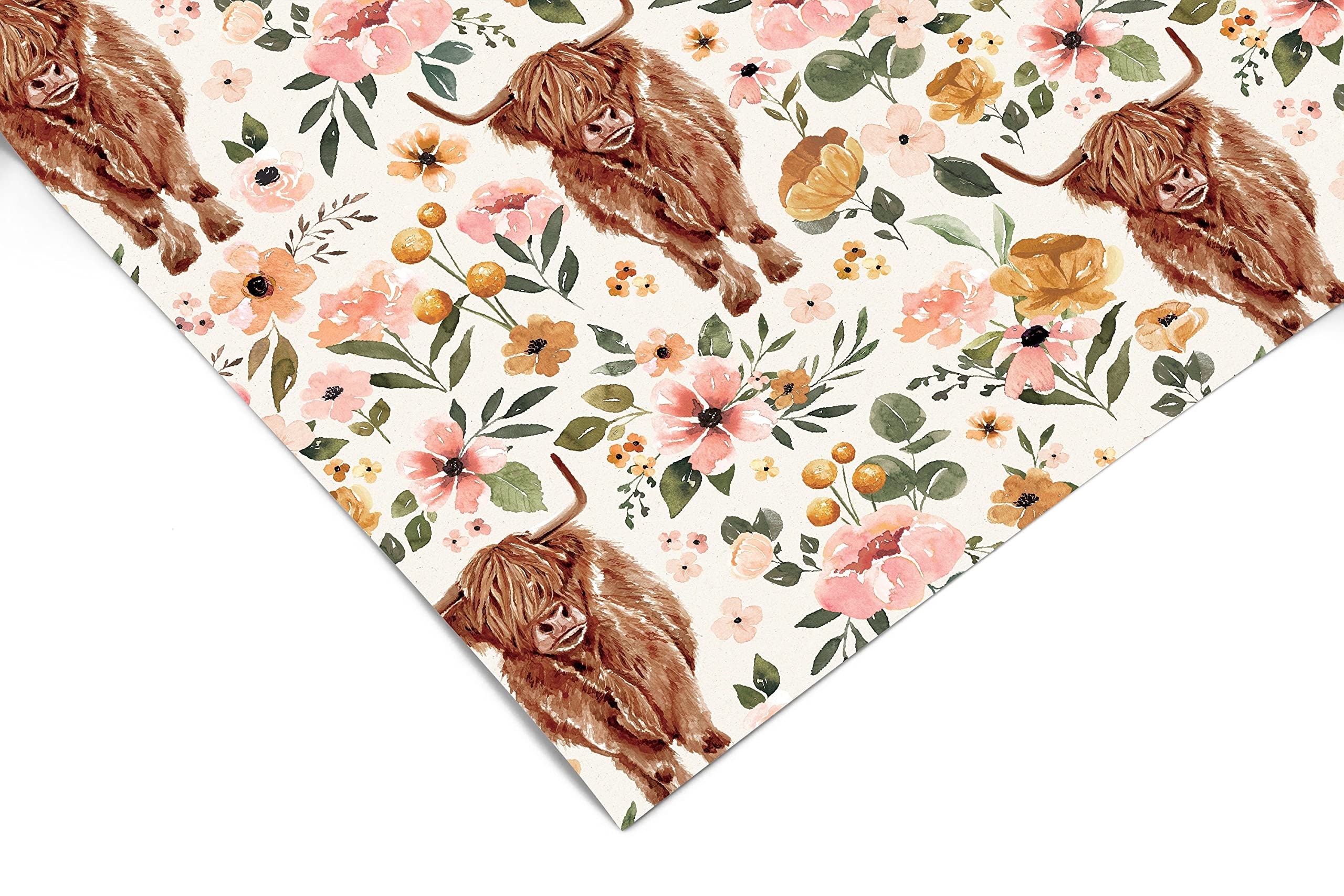 Highland Cow Floral Contact Paper | Shelf Liner | Drawer Liner Peel and Stick Paper 1092 18in x 72in (6ft)