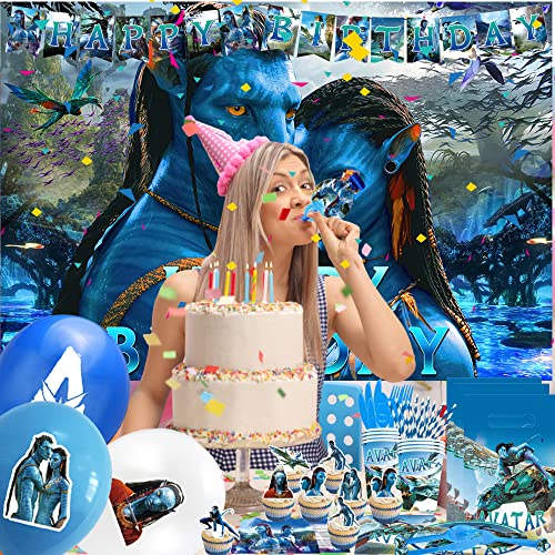 175 PCS Avatar Theme Birthday Party Supplies, Avatar 2 Party Decorations with Happy Birthday Banner, Backdrop, Balloons, Gift Bag, Cake Topper, Plates, Napkins, Tablecloth for Kids Serve 10 Guests