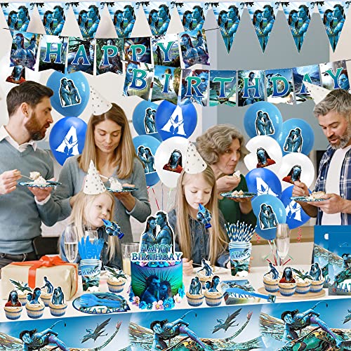 175 PCS Avatar Theme Birthday Party Supplies, Avatar 2 Party Decorations with Happy Birthday Banner, Backdrop, Balloons, Gift Bag, Cake Topper, Plates, Napkins, Tablecloth for Kids Serve 10 Guests