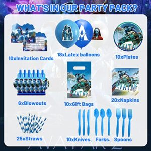 175 PCS Avatar Theme Birthday Party Supplies, Avatar 2 Party Decorations with Happy Birthday Banner, Backdrop, Balloons, Gift Bag, Cake Topper, Plates, Napkins, Tablecloth for Kids Serve 10 Guests