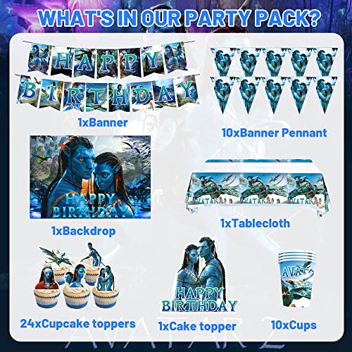 175 PCS Avatar Theme Birthday Party Supplies, Avatar 2 Party Decorations with Happy Birthday Banner, Backdrop, Balloons, Gift Bag, Cake Topper, Plates, Napkins, Tablecloth for Kids Serve 10 Guests