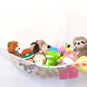 pls stuffed animals toys hammock for toy storage and organization for kids room, toy organizer for kids, boys & girls, nursery hanging organizer for baby room in white