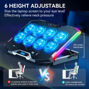 ICE COOREL Gaming Laptop Cooling Pad with 8 Cooling Fans, Laptop Fan Cooler Pad for 15-17.3 Inch, Notebook Cooler Stand with 6 Height Adjustable, RGB Cooling Pad with Two USB Port + Phone Stand