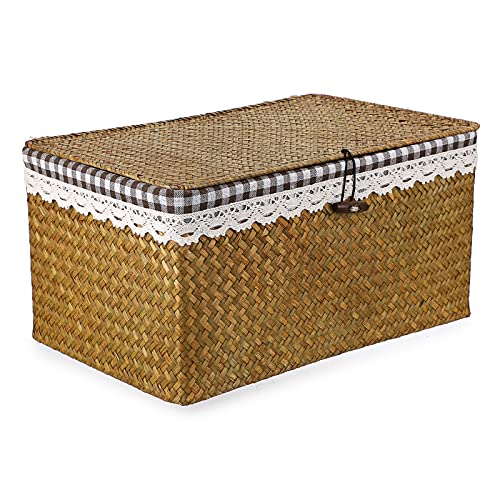 Hipiwe Wicker Storage Basket Bin with Removable Fabric liner and Lid, Woven Seagrass Shelf Baskets Box Rectangular Household Organizer Bin for Shelf Closet Home Decor, Large 14.4"x9.6"