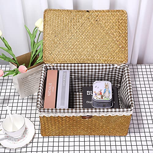 Hipiwe Wicker Storage Basket Bin with Removable Fabric liner and Lid, Woven Seagrass Shelf Baskets Box Rectangular Household Organizer Bin for Shelf Closet Home Decor, Large 14.4"x9.6"