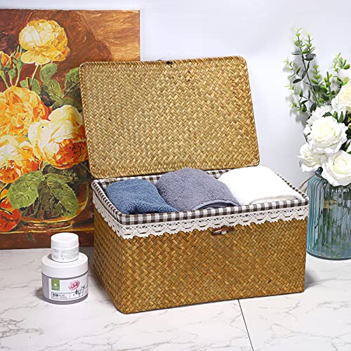 Hipiwe Wicker Storage Basket Bin with Removable Fabric liner and Lid, Woven Seagrass Shelf Baskets Box Rectangular Household Organizer Bin for Shelf Closet Home Decor, Large 14.4"x9.6"